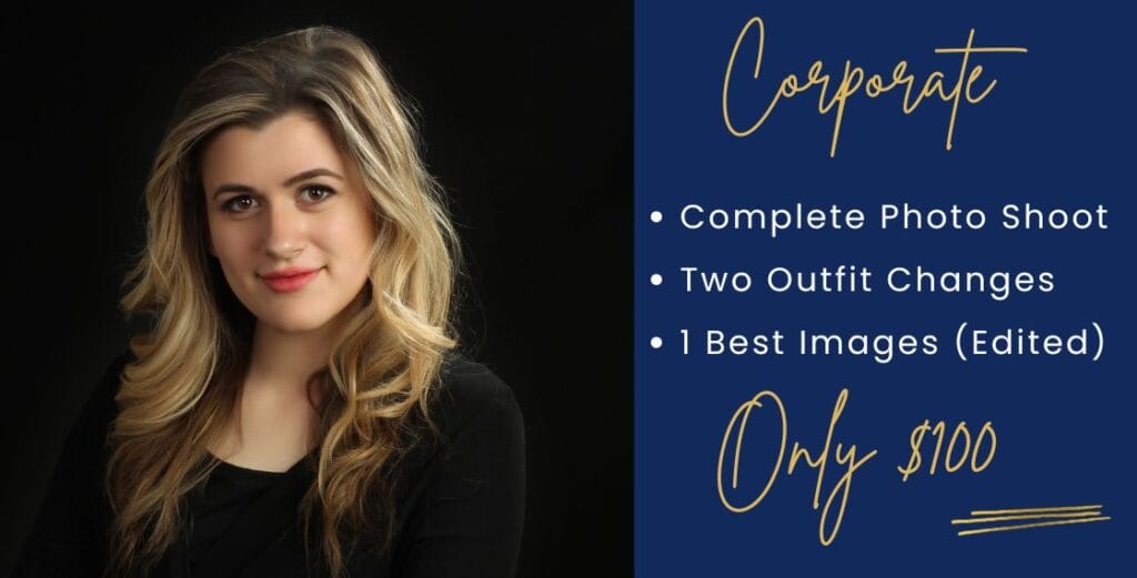Professional woman posing for a corporate Photoshoot, promoting $100 business photo shoot with outfit changes and edited image