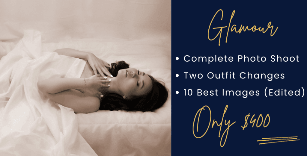 Woman lying on bed in soft lighting, promoting $400 glamour photo shoot with outfit changes and edited images