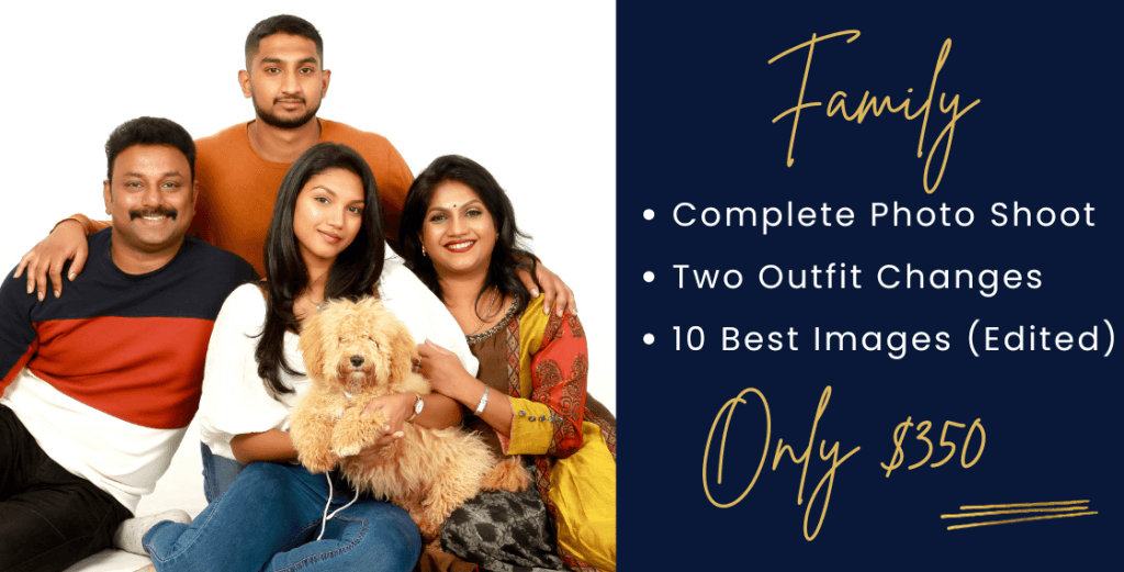 Smiling family with their dog promoting Paul Photos family photoshoot package and edited images offer