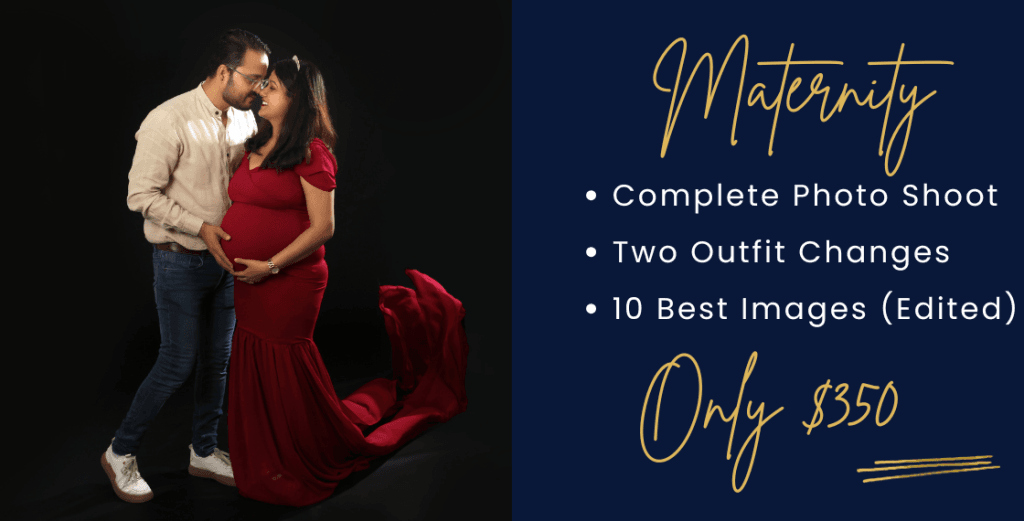 Pregnant woman in red gown with partner, promoting $350 maternity photography session with outfits and edited images