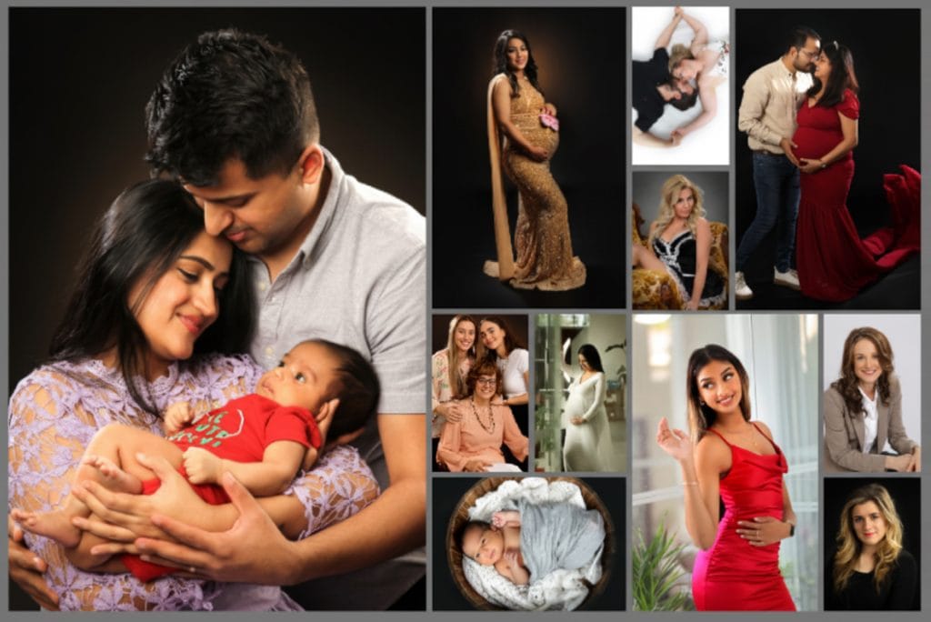 Collage showing maternity, newborn, couple, glamour, and corporate portraits for Why Choose Us section