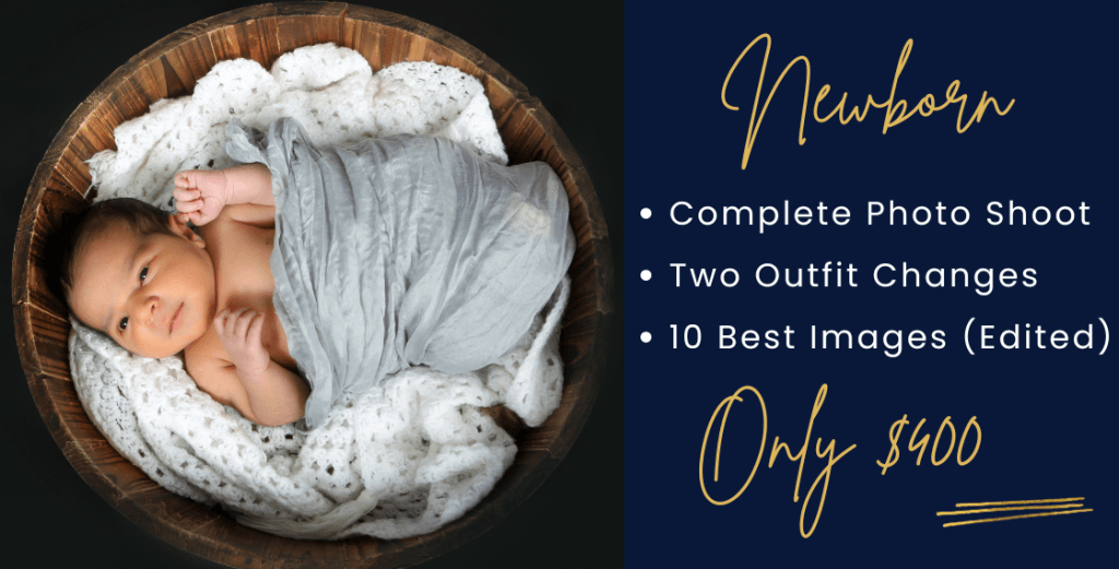 Newborn baby wrapped in soft blanket in basket, showcasing $400 newborn photo shoot with outfits and edited images