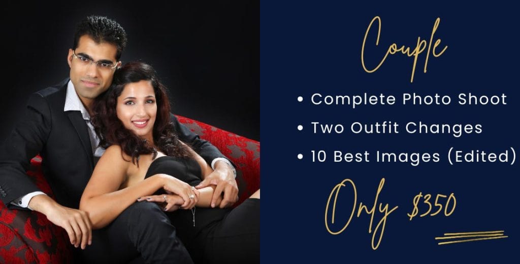 Smiling couple in elegant pose on red couch, promoting $350 couple photo shoot with outfit changes and edited images